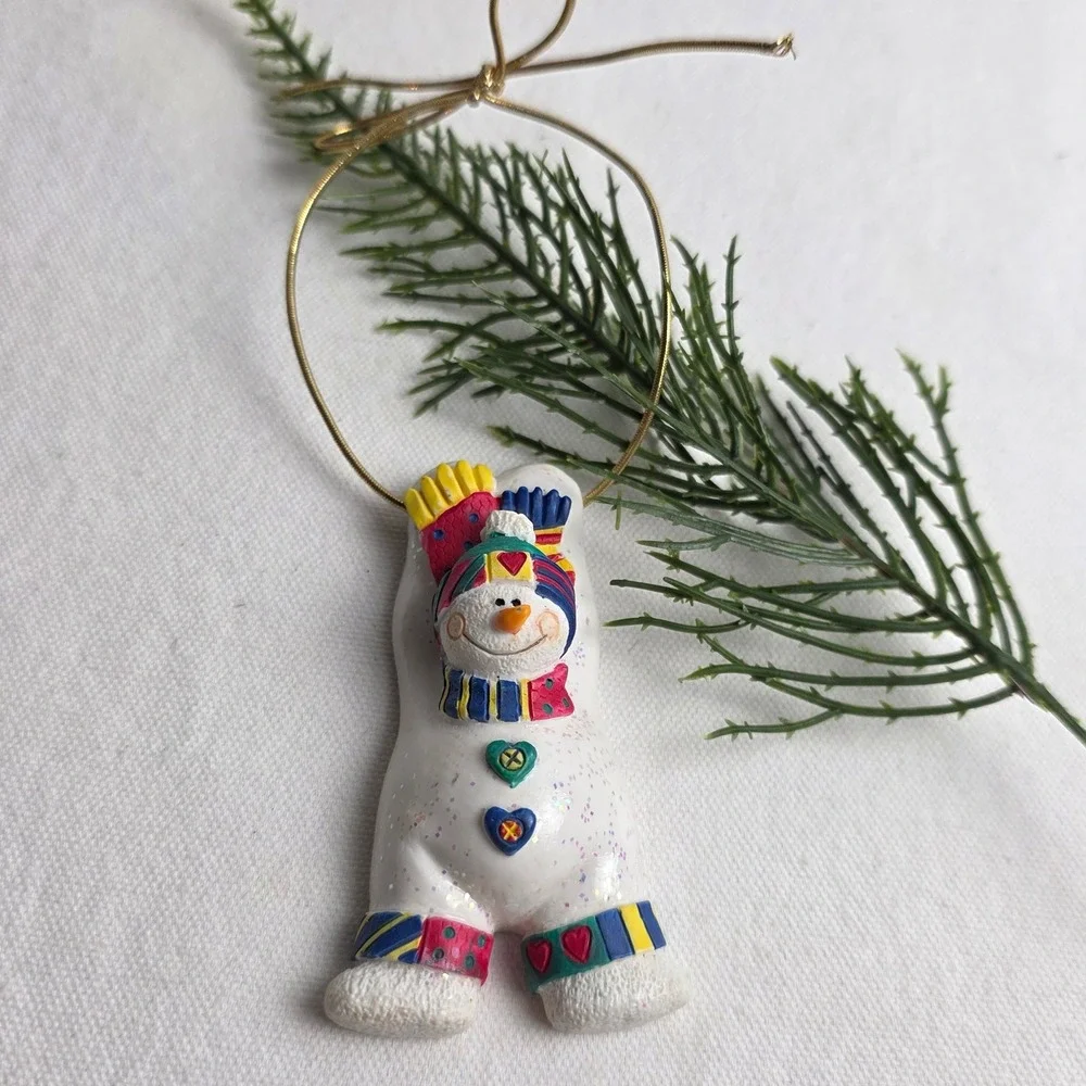 Avon 1998 Glittery Snowman Christmas Ornament Colorful Scarf Heart Buttons